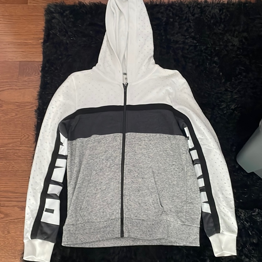 PINK white and gray rhinestone zip up hoodie